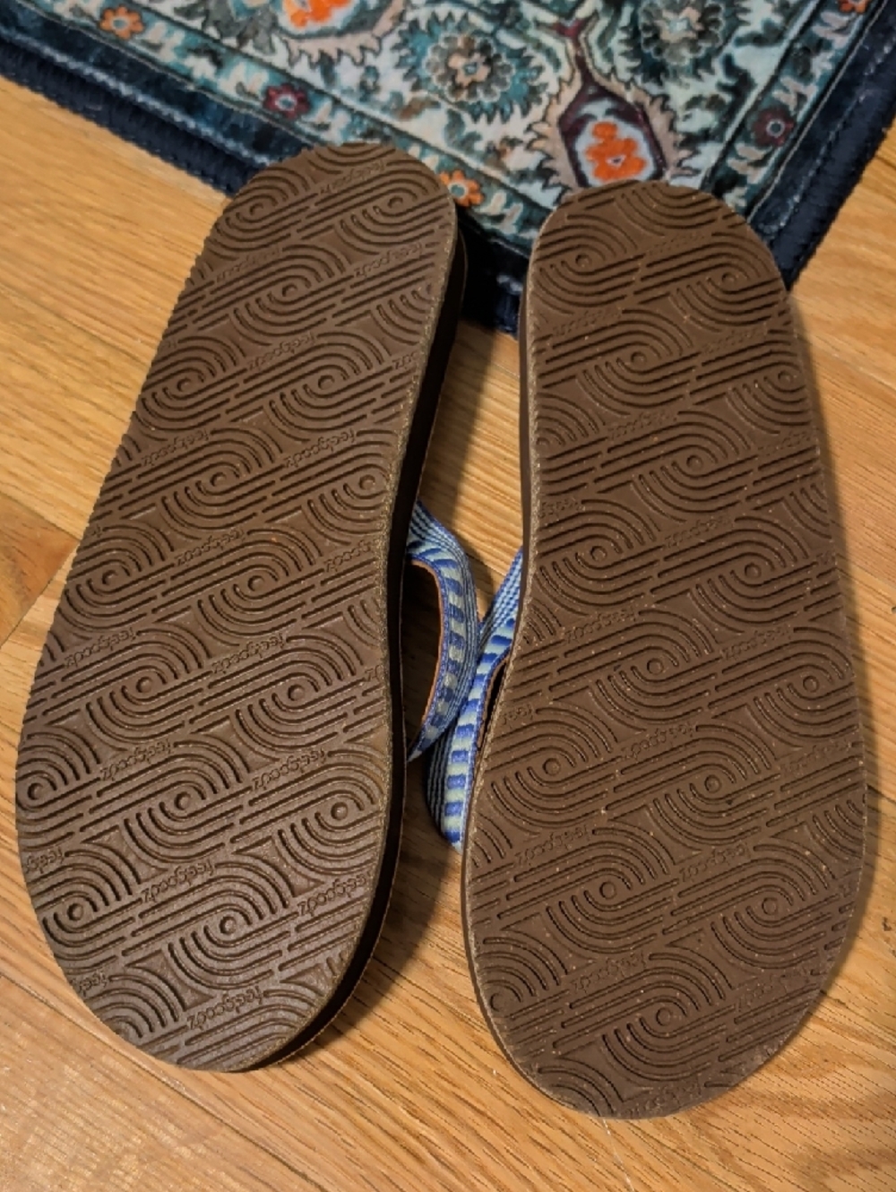 9. Feelgoodz Brown Leather Flip Flops with Blue Patterned Straps - Picture 5 of 8